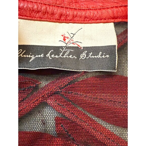 VTG Artsty Mesh Red Black Leather Leaf Applique Studded Designer Jacket Lg Read - Picture 6 of 12